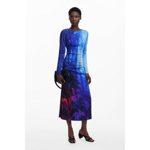 Desigual - Viscose Jurk - Blauw - Midi - Lange Mouwen