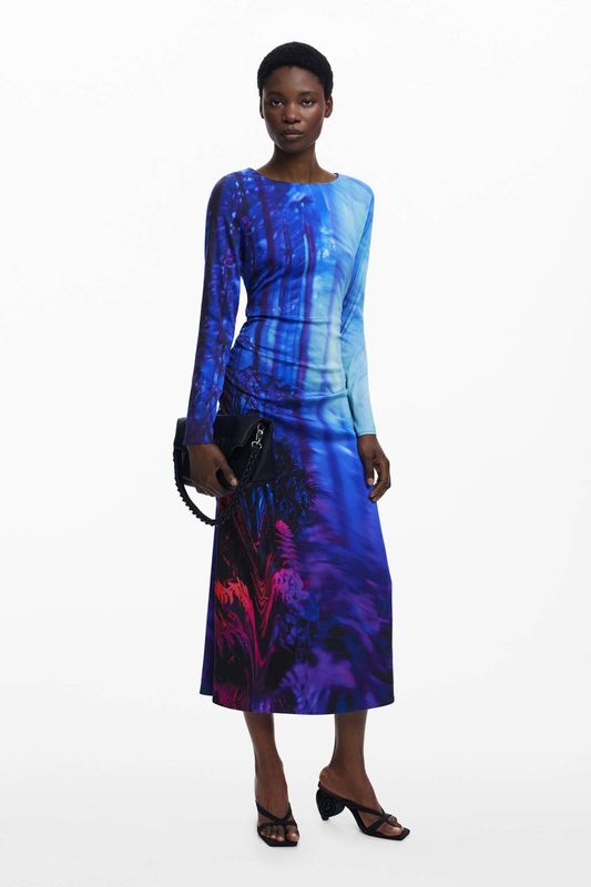 Desigual - Viscose Jurk - Blauw - Midi - Lange Mouwen