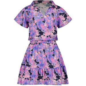 Vingino jurk Penelop met bloemenprint en volant paars/donkerblauw