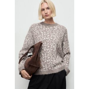 MANGO - Pitiusa - Gebreide Trui - Bruin / Wit - V-hals - Dierenprint