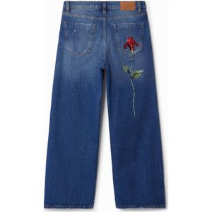 Desigual regular waist wide leg jeans dark blue denim broderie