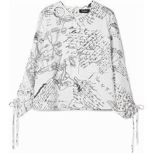 Desigual blousetop met all over print en plooien wit/zwart