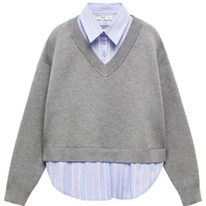 Mango fijngebreide trui met blouse-inzet grijs/lichtblauw