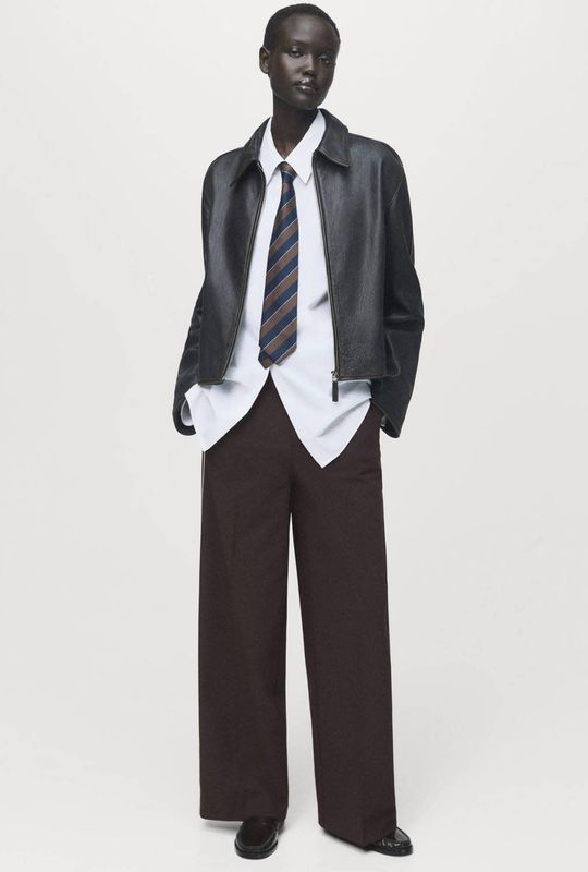 Mango straight high waist gestreepte broek donkerbruin