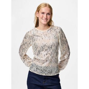 Pieces - Pcmalle Ls Sequins Top - T-shirt - Birch - Zilveren Pailletten