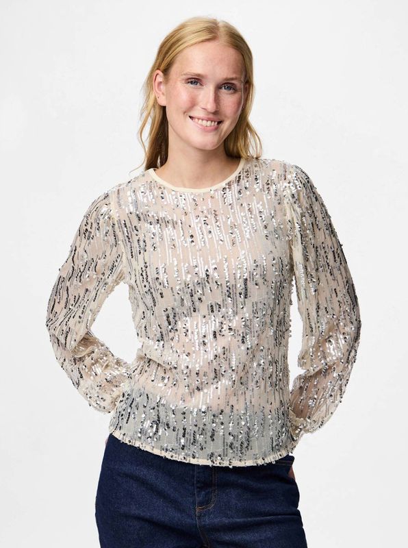 Pieces - Pcmalle Ls Sequins Top - T-shirt - Birch - Zilveren Pailletten