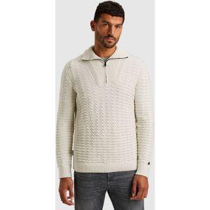Cast Iron Heren trui ecru (Maat: S) - Kabelpatroon - Halslijn: Opstaande kraag met rits,