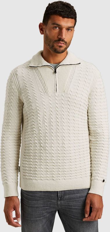 Cast Iron Heren trui ecru (Maat: S) - Kabelpatroon - Halslijn: Opstaande kraag met rits,
