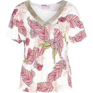 Cassis top met all over print en kraaltjes ecru