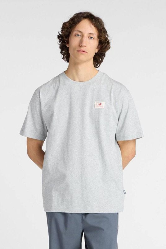 New Balance - T-shirt - Grijs/Blauw - Katoen - Regular Pasvorm