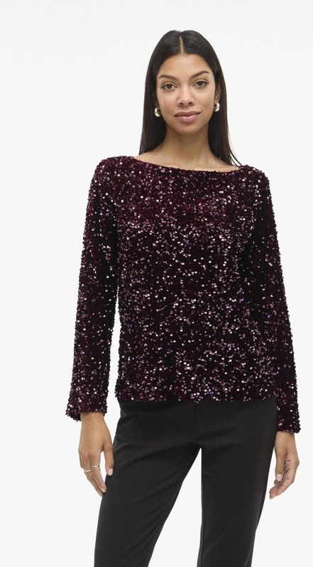 VILA top donkerrood met pailletten