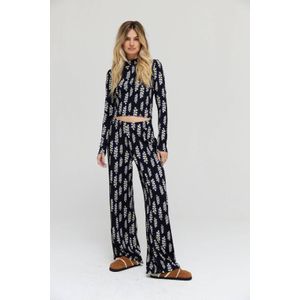 HARPER & YVE high waist straight fit broek JANE-PA met bladprint zwart