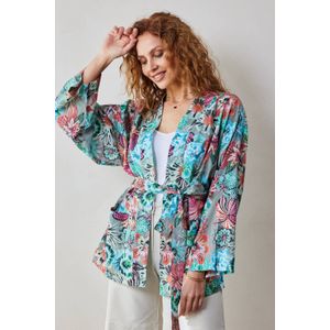 Didi kimono met all over print en ceintuur grijs/blauw/rood