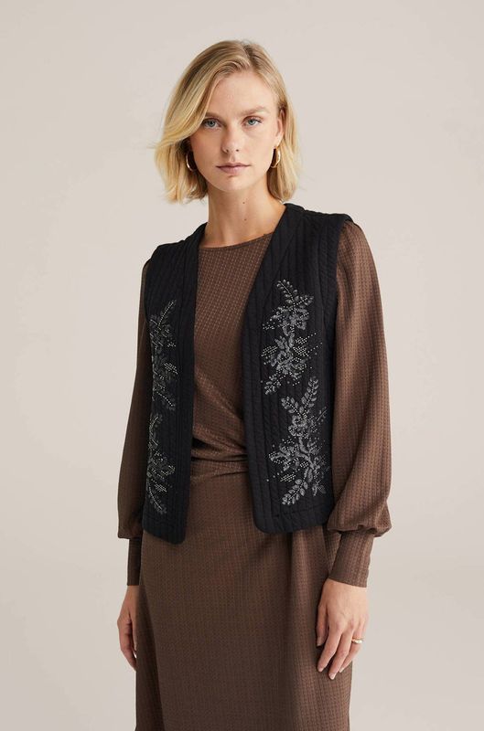 WE Fashion - Gebloemde Gilet - Zwart - Mouwloos - Met Pailletten