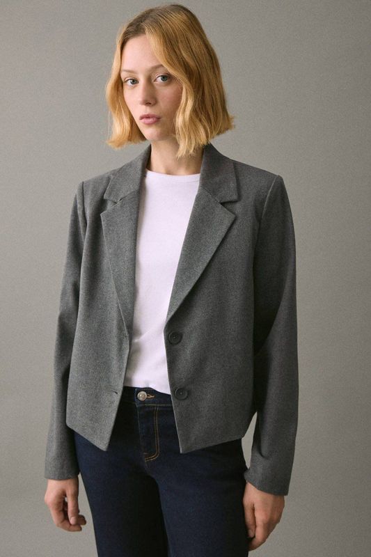 MANGO TEEN - Cropped Blazer - Grijs - Polyester - Lange Mouwen