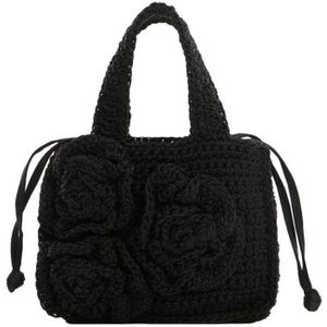 Mango mini crochet handtas met bloemen zwart