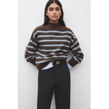 Mango gestreepte gebreide trui donkerbruin