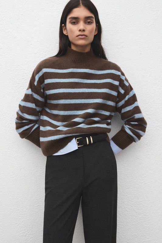 Mango gestreepte gebreide trui donkerbruin
