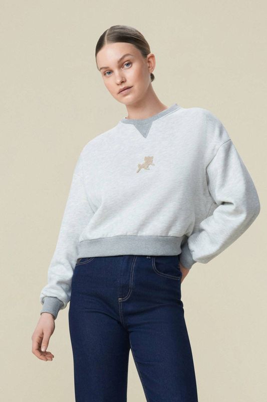 Lois - Licht Grijze Sweater - Dames - Wijdvallend Model - Badstofprint