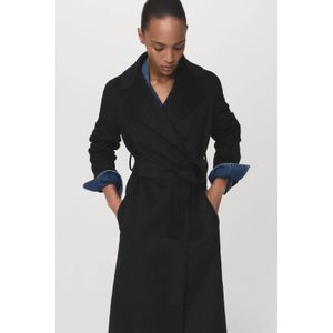 Mango wollen jas met striksluiting zwart