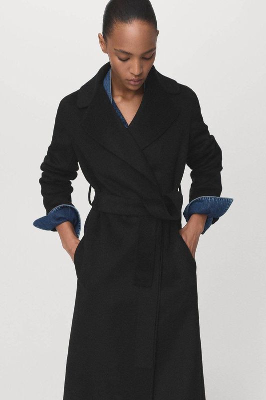 Mango wollen jas met striksluiting zwart