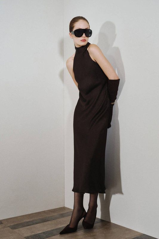 Mango satijnen halterjurk donkerbruin