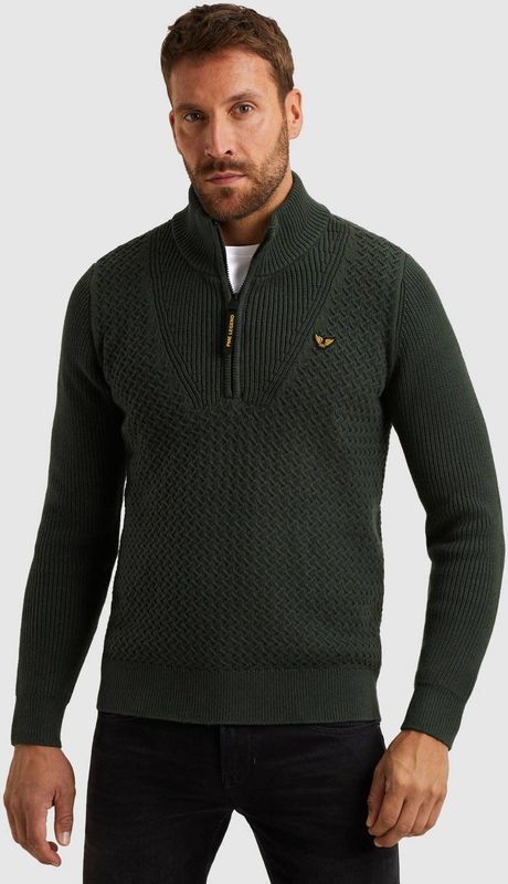 PME Legend - Heren Trui - Groen - Kabelpatroon - Opstaande Kraag met Rits