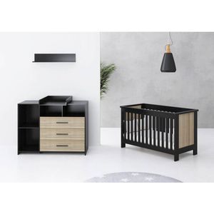 Cabino Babykamer Reno 2 delig  Babybed & Commode  Verstelbare bodem  Zwart /Eiken
