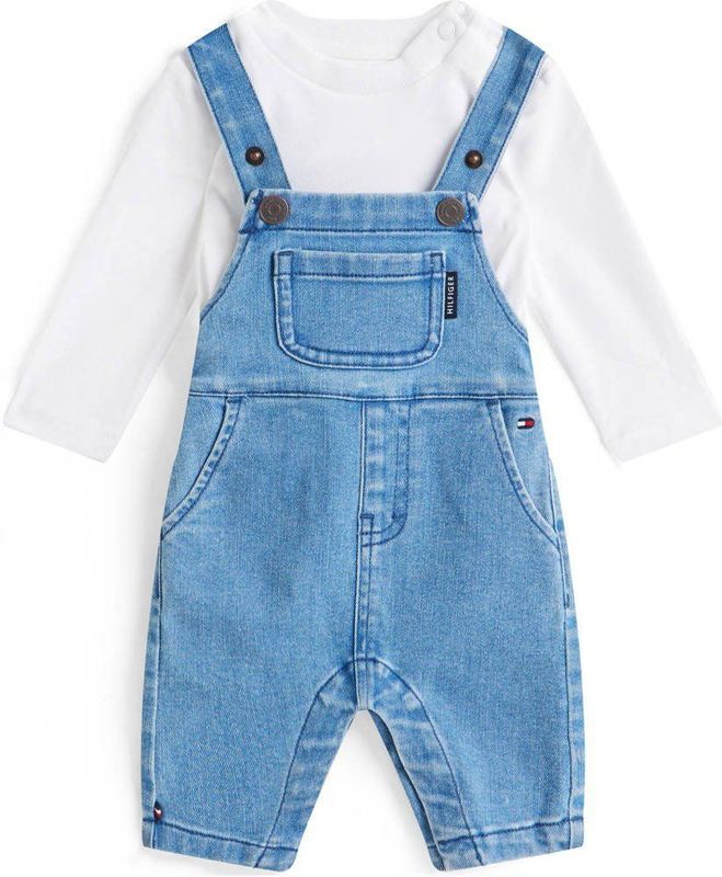 Tommy Hilfiger denim tuinbroek + longsleeve medium blue denim/wit