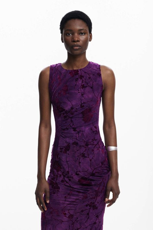 Midijurk - Paarse Bloemenprint - Mouwloos - Asymmetrische Draperieën