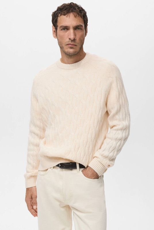 Mango Man trui met wol met kabels ecru
