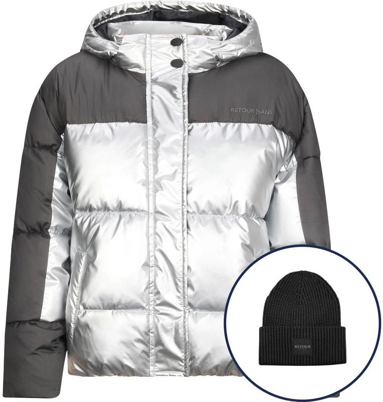 Retour Jeans - Pom - Gewatteerde Jas - Zilver - Inclusief Muts