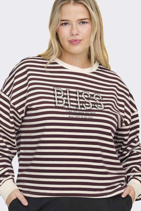 ONLY CARMAKOMA gestreepte sweater ecru met parels