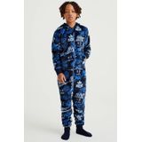 WE Fashion fleece onesie met all over print donkerblauw/blauw