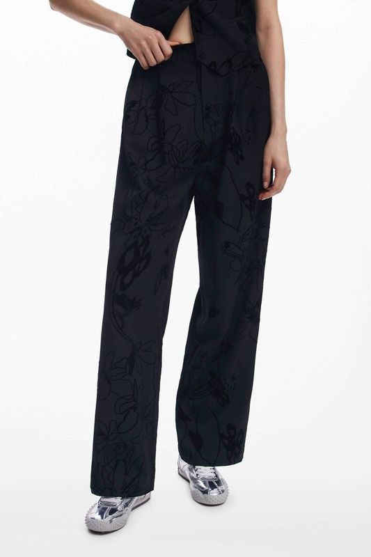 Broek - Effen - Lange Broek - Met Bloemenflockprint - Regular Fit - Gerecycled Polyester