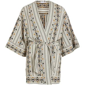 VILA kimono VISENSO met all over print en ceintuur beige/ geel/ zwart