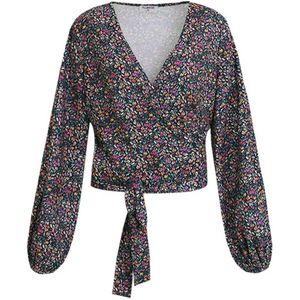 FLURESK overslag top Cassia met all over print en overslag detail zwart/ fel roze