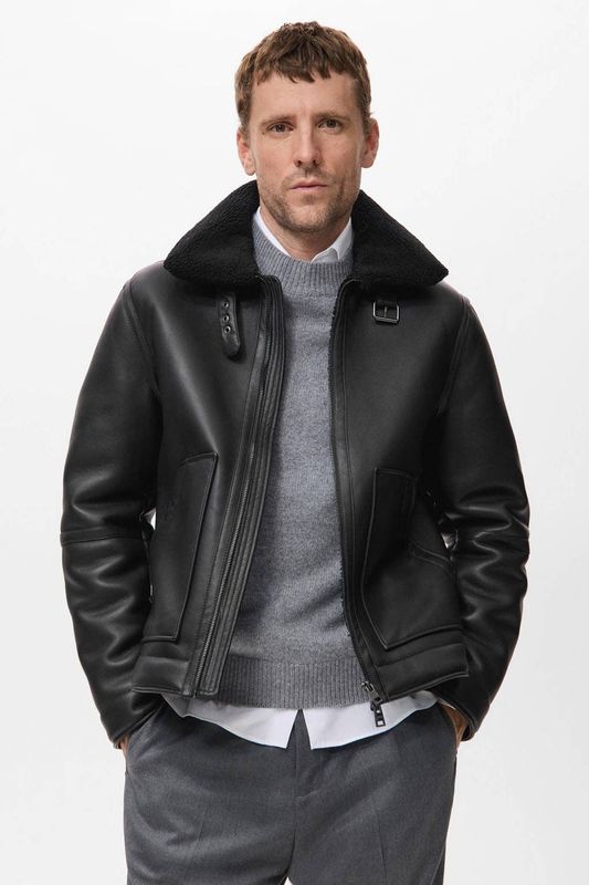 Mango Man imitatieleren jas zwart