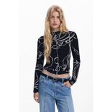 T-shirt - Geribd - Lange Mouwen - Arty-print - Silhouetten van Vazen en Bloemen