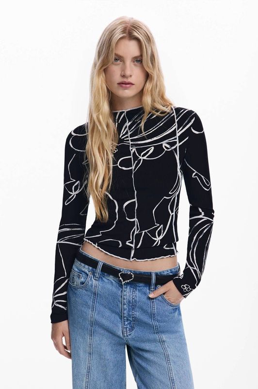 T-shirt - Geribd - Lange Mouwen - Arty-print - Silhouetten van Vazen en Bloemen