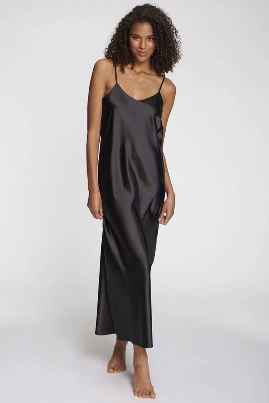 Lascana - Satijnen Slipdress - Zwart - Lange Slipdress met Kanten Details