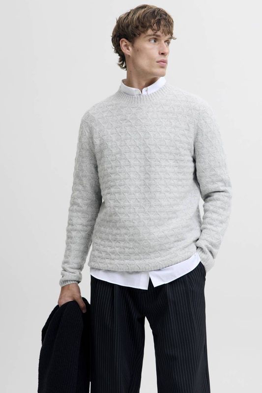 JACK & JONES PREMIUM trui met wol gebreid grijs