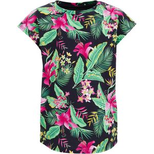 WE Fashion T-shirt met bladprint donkerblauw/groen/roze