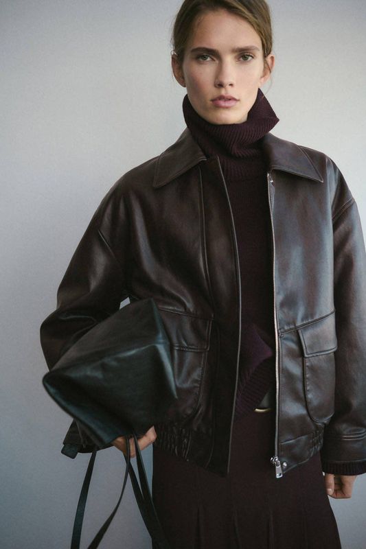 Mango imitatieleren bomberjack donkerbruin