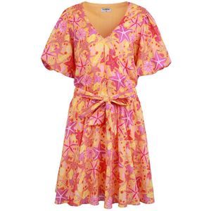 FLURESK jurk Lysa met all over print en ceintuur oranje/ roze