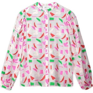 POM Amsterdam blouse met all over print en plooien wit/roze/groen