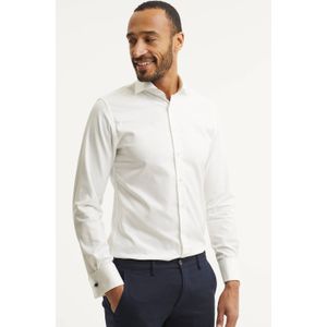Profuomo slim fit strijkvrij overhemd met dubbele manchet wit twill two-ply