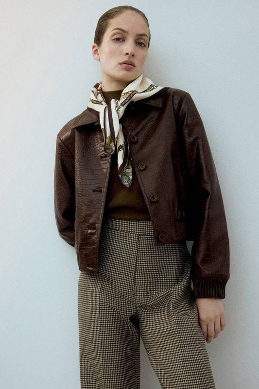 Mango Straight high waist broek met pied de poule print bruin