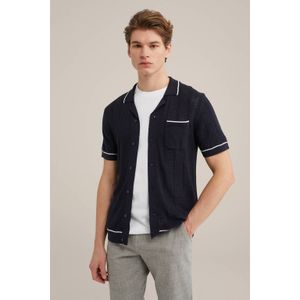 WE Fashion fijngebreid regular fit overhemd met ingebreid patroon heavy blue