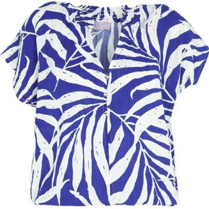 Cassis blousetop met bladprint blauw/ecru